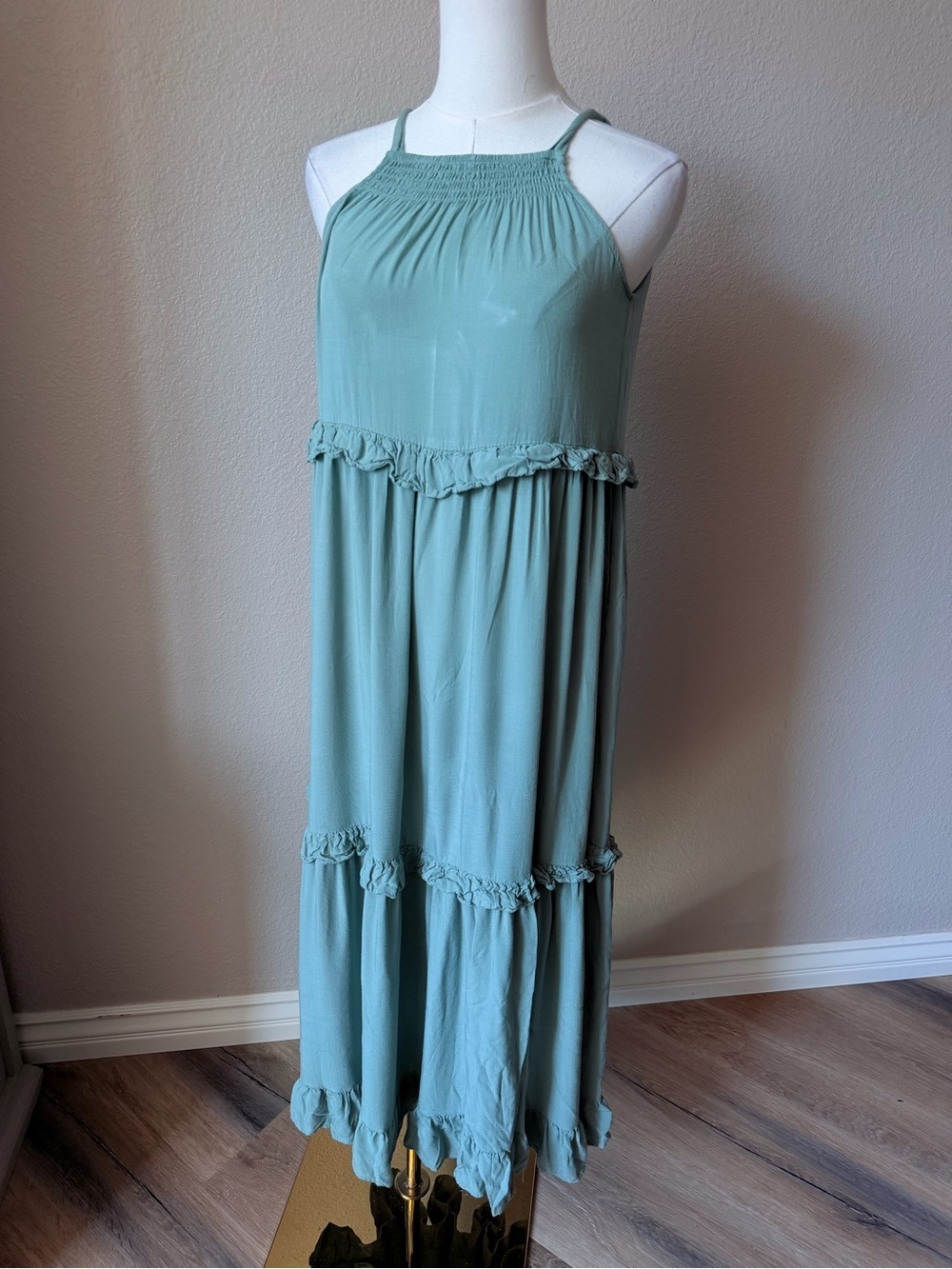 NWOT Smocked Halter Boho Maxi Dress in Sage Green, Small